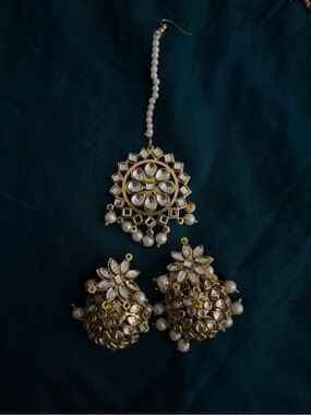 Gold and White Kundan Jhumka Earrings with Maang Tikka - Women Jewelry